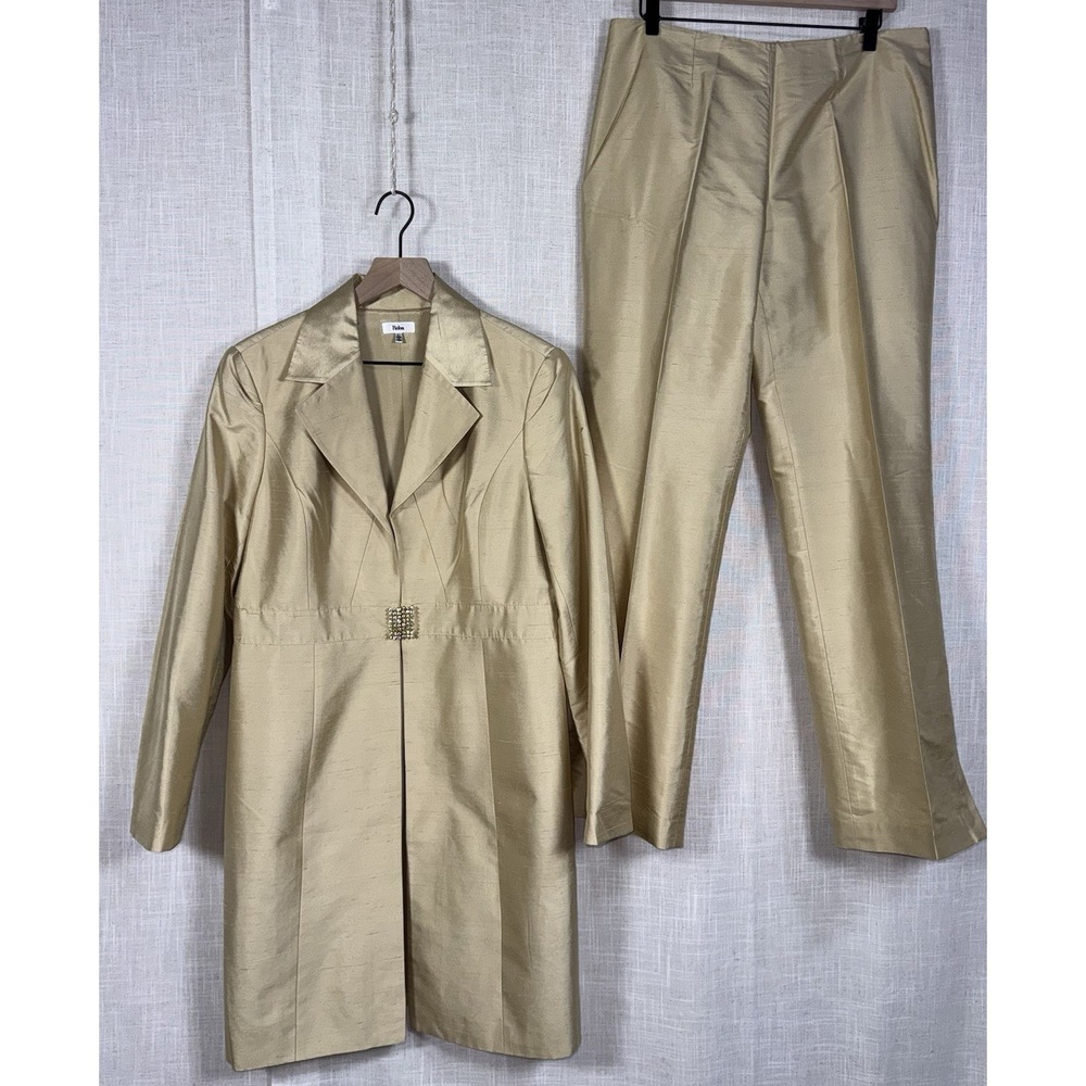 REBA LUXE Women's Sz 12 L 2 Pc Pants & Long Blazer Suit Champagne Gold 100% Silk